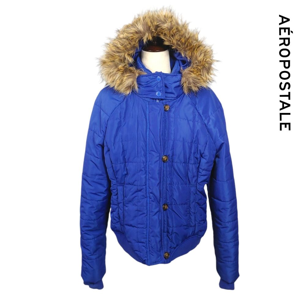 Aeropostale Womens Blue Winter Puffer Jacket with Detachable Fur Hood Size XL